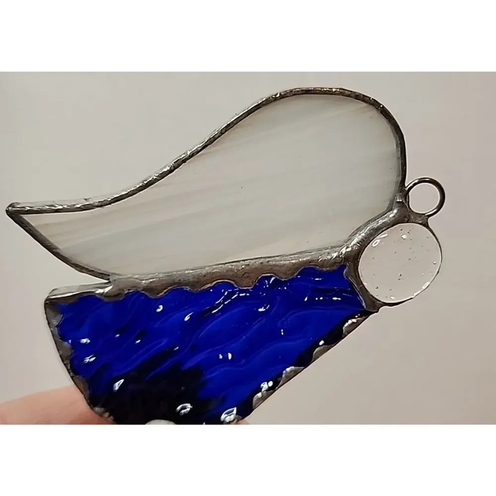 Stain Glass Angel Ornament Blue Textured Glass Body White Glass Wings 3.5”T